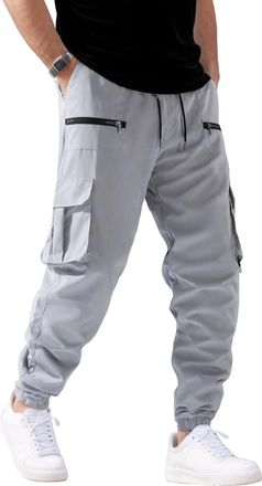 Feoya Mens Cargo Pants Jogger Street Sports Workout Cargo Trousers Tapered Pants with Multiple Pockets and Drawstring Light Grey XL