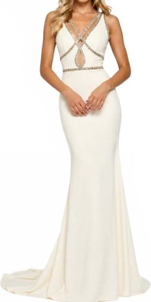 Sherri Hill Beaded Cut Out Gown In Ivory Gold