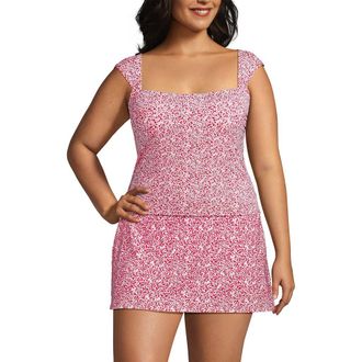 Lands End Womens Square Neck Underwire Square Back Tankini Swimsuit Top in Coral Rose/white Ditsy Lilies at Nordstrom, Size 24W