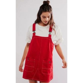 Free People Overall Smock Mini Dress Red Denim Adjustable Strap DDR2267