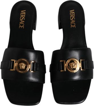 Versace Womens Logo Plaque Leather Slide Black