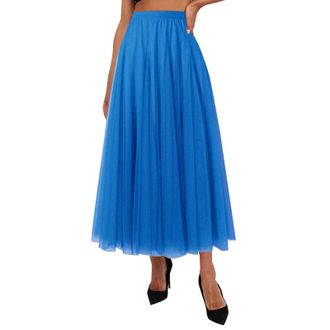 Generic Womens Tulle Skirt Midi A-Line Mesh Pleated Maxi Swing Skirt Elegant Flowy High Waist Long Tutu Skirts Party Sky Blue
