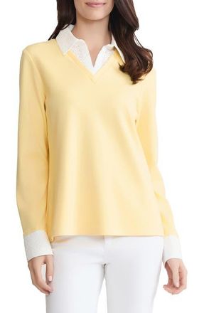 Jones New York Embroidered Eyelet Trim Long Sleeve Twofer Top in Cornsilk/Natural White at Nordstrom, Size X-Small