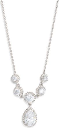 Nadri Cubic Zirconia Pear Drop Frontal Necklace in Rhodium/Clear at Nordstrom Rack