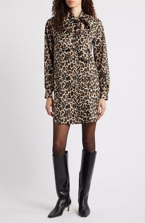 Caslon Leopard Print Long Sleeve Tie Neck Shift Dress in Tan- Black Sarah Leopard at Nordstrom Rack, Size Xx-Small