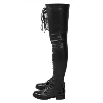 Generic Black,8.5 UK,Thigh High Boots for Women Patent Leather PU Chunky Heel Low Heels Over The Knee Boot Lace-up Side Zipper Fall Comfy Long Boot Dress Shoe