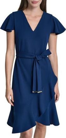 DKNY Short Sleeve Tulip Hem Fit & Flare Dress in Coastal Blue at Nordstrom Rack, Size 14