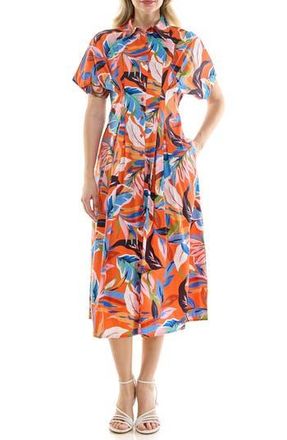 Nicole Miller Pintuck Waist Midi Shirtdress in Orange Print at Nordstrom Rack, Size 14