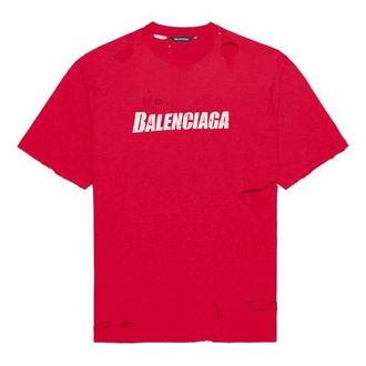 Balenciaga Mens Balenciaga Alphabet Printing Pattern Hole Round Neck Short Sleeve Red 651795TKVB86295