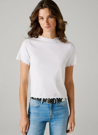 Pepe Jeans London T-Shirt PEPE JEANS NORA, Damen, Gr. XL, wei&szlig;, Feinripp, Obermaterial: 95% Baumwolle, 5% Elasthan, unifarben, figurbetont h&uuml;ftlang, hoch geschlossener 