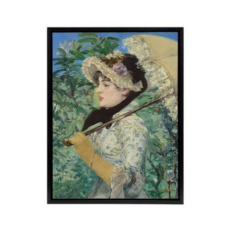 Artery8 Jeanne Spring Parasol Portrait Manet Black Framed Canvas Art in Green | Size: W24 x H32