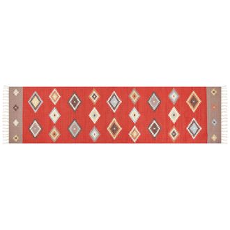 Beliani Beliani - Alfombra Kilim De Algod&oacute;n Rojo Marr&oacute;n Beige 80 X 300 Cm Pelo Corto Geom&eacute;trico Lorut