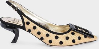 Roger Vivier 55mm Virgule Embroidered Dots Raffia and Suede Slingback Pumps