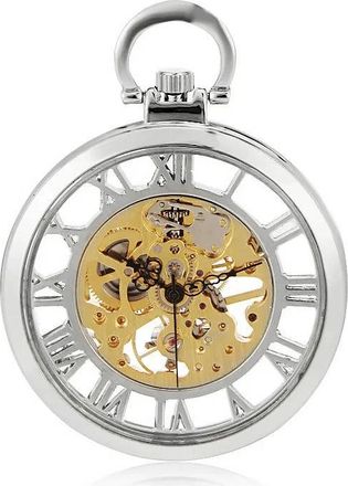 TruClothing Mechanical Skeleton Open Face Silver Pocket Watch With Chain