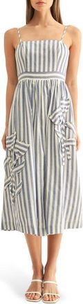 Adelyn Rae Emillia Stripe Floral Appliqu&eacute; Cotton Midi Sundress in Blue/white at Nordstrom, Size X-Large