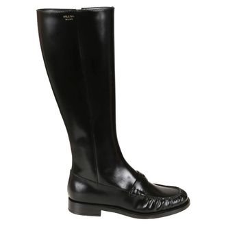 Prada High Boots, female, Black, Size: 10 US Brushed Leather Loafer Boots