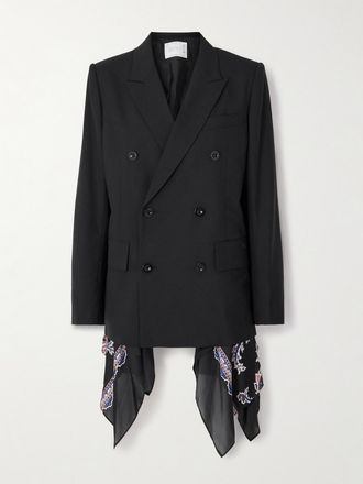 sacai Blazer Doppiopetto In Grain De Poudre E Voile Con Stampa Paisley - Nero