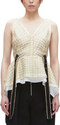 3.1 Phillip Lim Plaid Organza Sleeveless V-Neck Flounce Silk Top