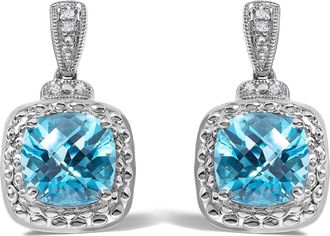 House of Brilliance Sterling Silver 8x8mm Cushion Cut Blue Topaz and Diamond Accent Drop Earrings
