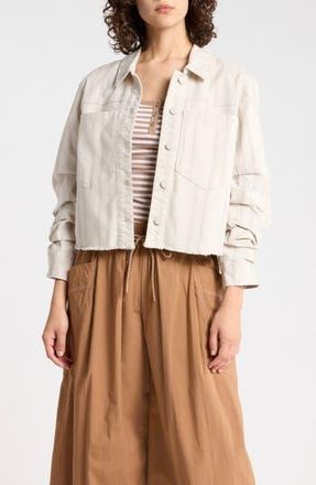 Democracy Ruched Sleeve Fray Hem Crop Jacket in Ecru Stripe at Nordstrom Rack, Size X-Large
