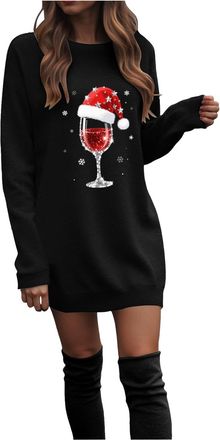 Generic Christmas Dresses for Women Ladies Christmas Dress Round Neck Xmas Graphic Print Long Sleeve Jumper Dress Casual Jumper Long Sleeve Winter Mini Casual