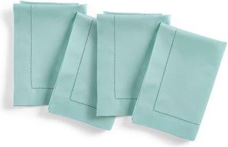 Solino Home Cotton Linen Hemstitch Dinner Napkins Set of 4, 20 x 20 Inch for Dining Table, Holiday and Everyday Table Decor in Pastel Turquoise at