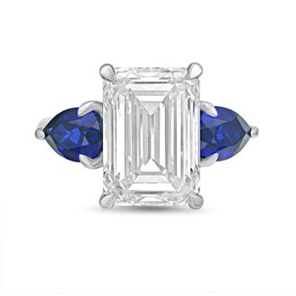 Diana M. Jewels Platinum lab grown 12ct emerald diamond ring with sapphire pears on the sides