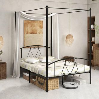 Costway Costway Double Canopy Bed Frame Metal Platform Bed Base w/Headboard Footboard in Black