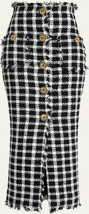 Balmain Button-Front Check Tweed Maxi Skirt
