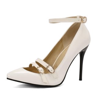 Generic Womens Stiletto Pumps Patent Glossy Upper Double Buckle Strap Adjustable Ankle Strap Pointed Toe Cushioned Insole Durable Stylish Heels,White,8.5 UK