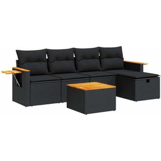vidaXL Set De Sof&aacute;s De Jard&iacute;n 6 Piezas Y Cojines Rat&aacute;n Sint&eacute;tico Negro