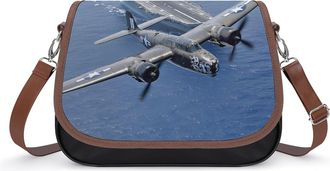 Generic World War II Plane Flying Over The Ocean Leather Crossbody Bags for Women Messenger Handbag Purse Shoulder Bag