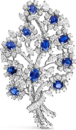 House of Brilliance Platinum Blue Sapphire and 12.00 Cttw Diamond Floral Bouquet Brooch Pin