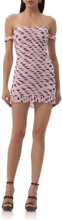 AFRM Tolia Printed Ruched Off the Shoulder Mesh Minidress in Rose Dot at Nordstrom Rack, Size X-Large