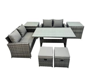 Fimous 6 Seater Outdoor Table Double Seat Sofa 2 Side Table 2 Small Stool Set in Dark Grey