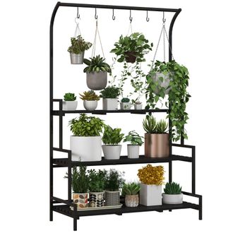 OUTSUNNY 3 Tiered Plant Rack Stand with Hanging Hooks for Indoor Outdoor Use | TJ Hughes