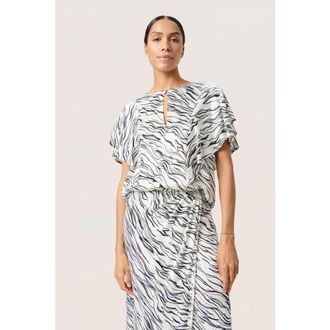 Soaked In Luxury Vinka Ruffle Sleeve Round Neck Blouse in White/black Wave Print at Nordstrom, Size Xx-Large