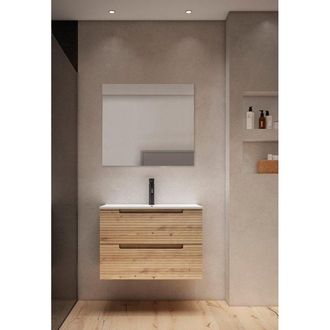 Saniclass Prime Balance Badkamermeubelset - 80x55x45cm - 1 rechthoekige keramische wasbak wit - 1 kraangat - 2 lades - rechthoekige spiegel - rustiek eiken