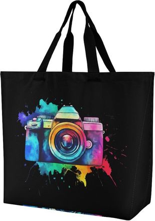Generic Colorful Watercolor Illustration of Camera Reusable Shopping Bags Large Capacity Grocery Bag Heavy Duty Tote for Women 40x40x16cm