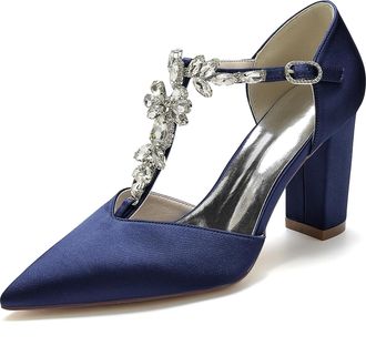 Generic Pointed Toe T-Strap Rhinestones Buckle Shoes Dress Party High Heels Shoes Lace Bridal Wedding Shoes,Dark Blue,2 UK