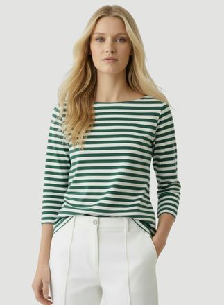 Majestic Filatures Stretch Linen Stripe Three Quarter Sleeve Boatneck T-Shirt in Agave at Nordstrom, Size 4