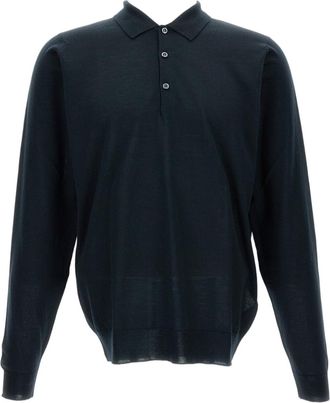 John Smedley Black Merino Wool Long-Sleeved Polo Shirt