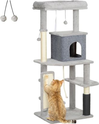 OEM &Aacute;rbol Rascador Para Gatos 132 Cm Con Plataformas Poste Con Cepillo Bolas Colgantes Y Almohadilla Para Rascar Gris Claro