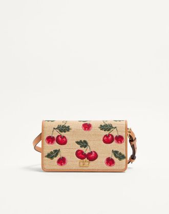 Valentino Garavani Mini Borsa A Spalla VLogo Signature In Rafia Jacquard Con Motivo Cherryfic Donna NATURALE/ROSSO UNI