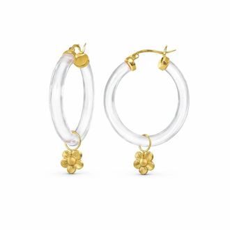 Gold & Honey Womens Flower Charm Lucite Hoop Earrings In Clear