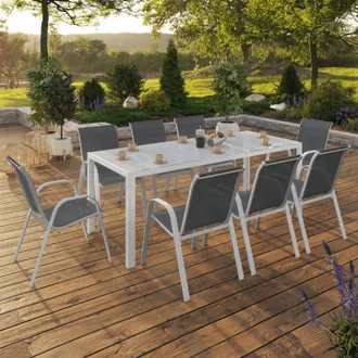 IDMarket Madrid Conjunto De Muebles De Jard&iacute;n 190cm Mesa Y 8 Sillas Apilables Blanco Y Gris