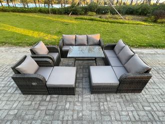 Fimous Rattan Garden Furniture Dining Set 10 seater Patio Rectangular Table 2 Big Footstool Dark Grey Mixed