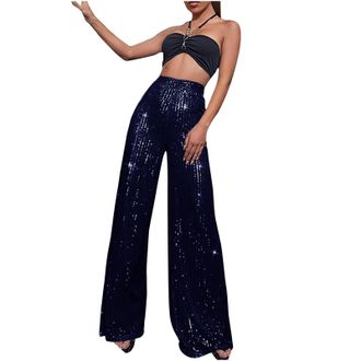 Generic Womens Sparkly Sequin Pants Sexy Shiny Glitter Elastic High Waist Trousers Straight Wide Leg Palazzo Sparkle Club Bling Party Disco Loose Slim Bottoms