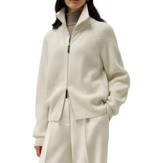 LilySilk Ribbed-knit Turtleneck Zip Cardigan in White at Nordstrom, Size Small