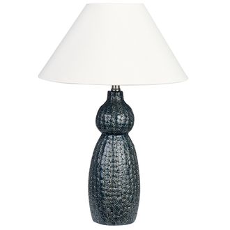 Beliani L&aacute;mpara De Mesa De Cer&aacute;mica Azul Oscuro Blanco Crema 60 Cm Pantalla Tela Matina